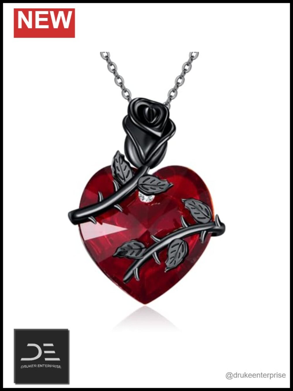 925 Sterling Silver Black Rose Heart Pendant Necklace Gothic Jewelry for Women